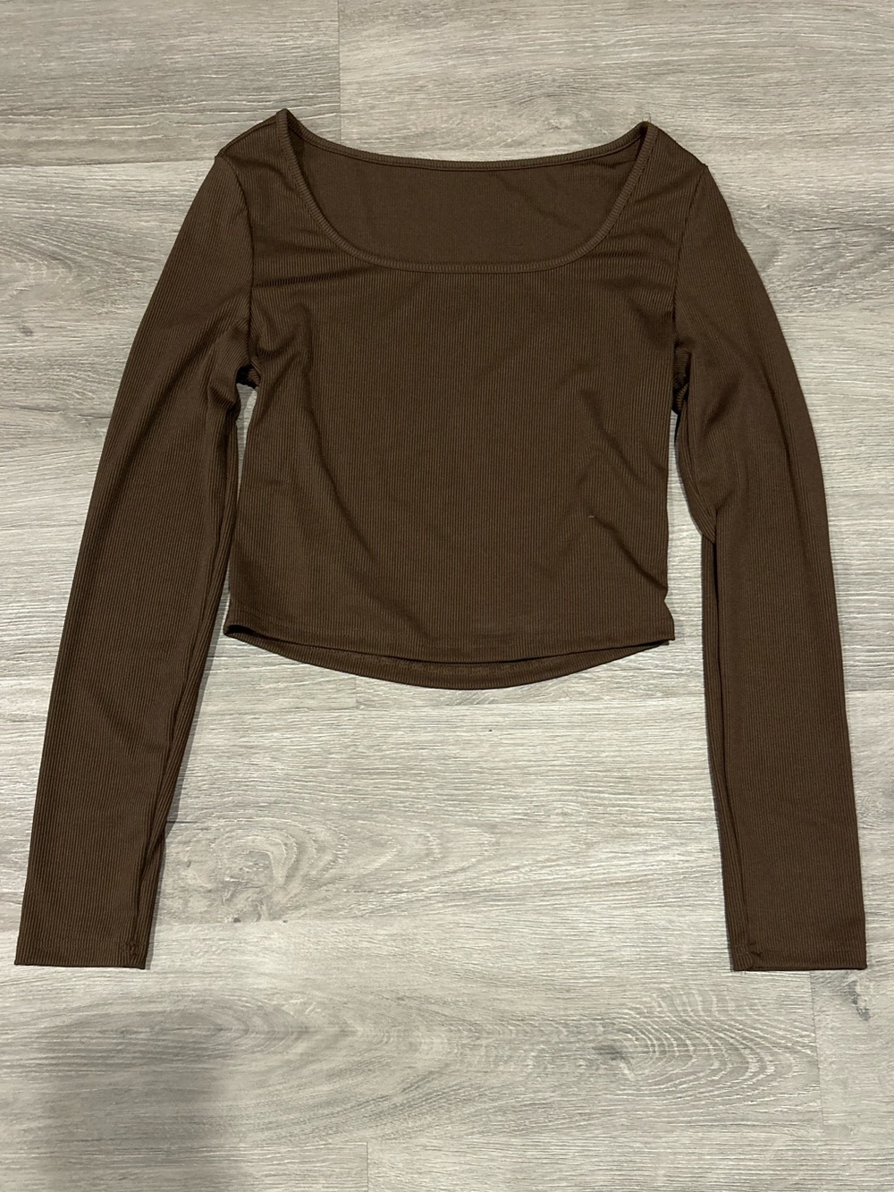 SHEIN Ribbed Brown Scoop Neck Long Sleeve Crop Top Medium